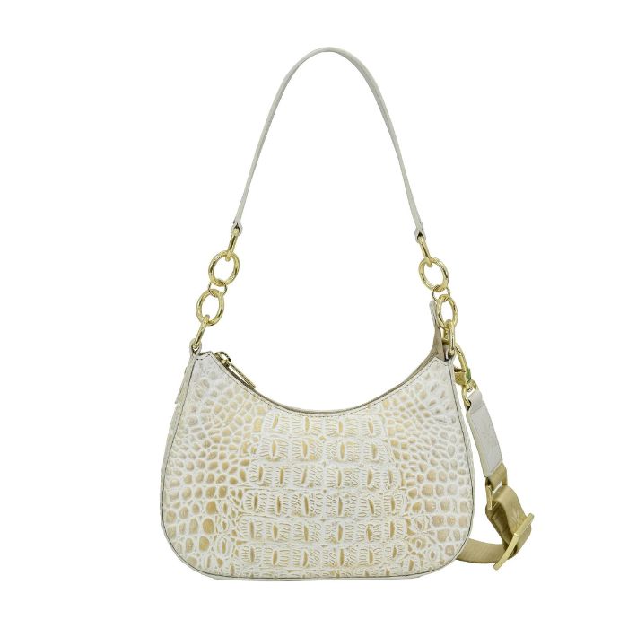 White and gold crocco leather handbag with gold hardware.