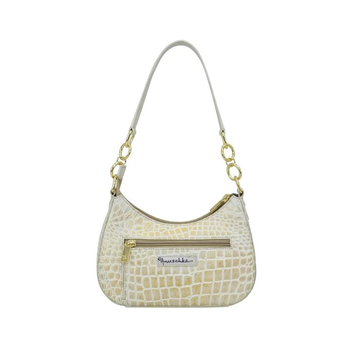White and gold crocco leather handbag with gold hardware. Horizontal zippered pocket with Anuschka signiture.