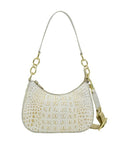 White and gold crocco leather handbag with gold hardware.