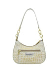 White and gold crocco leather handbag with gold hardware. Horizontal zippered pocket with Anuschka signiture.