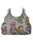 Beige leather Anushka bag with hand-painted safari animals.