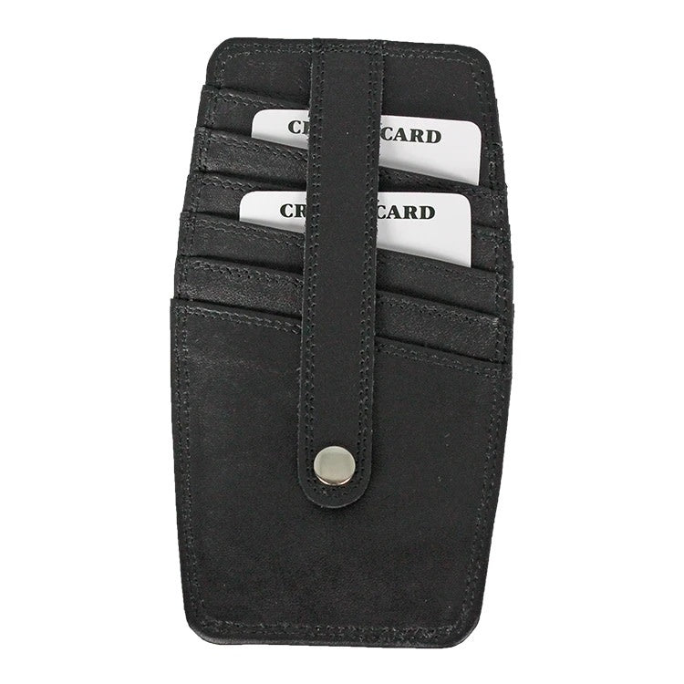 Black leather card holder with leather strap with dome closure