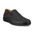 An Ecco black leather slip-on with a black midsole and a tan brown lining. 
