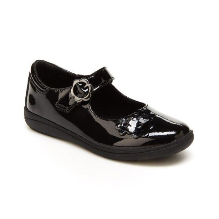 Black patent Mary-Jane shoes with floral details. Shoe has floral pewter buckle closure.