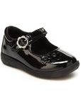 Black patent leather Mary-Jane shoe with floral details. Shoe has pewter floral buckle.