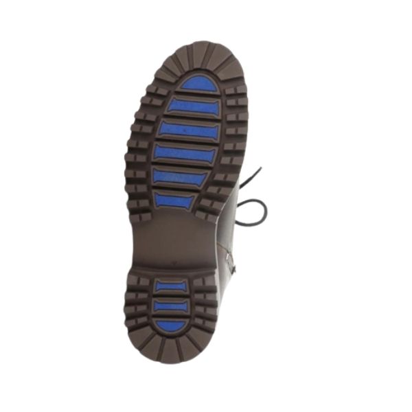 Brown outsole with blue ice grips in center.