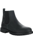 Black leather Chelsea boot with heel pull tab and black outsole.