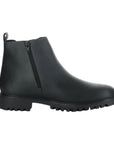 Black leather Chelsea boot with heel pull tab, inside zipper and black outsole.