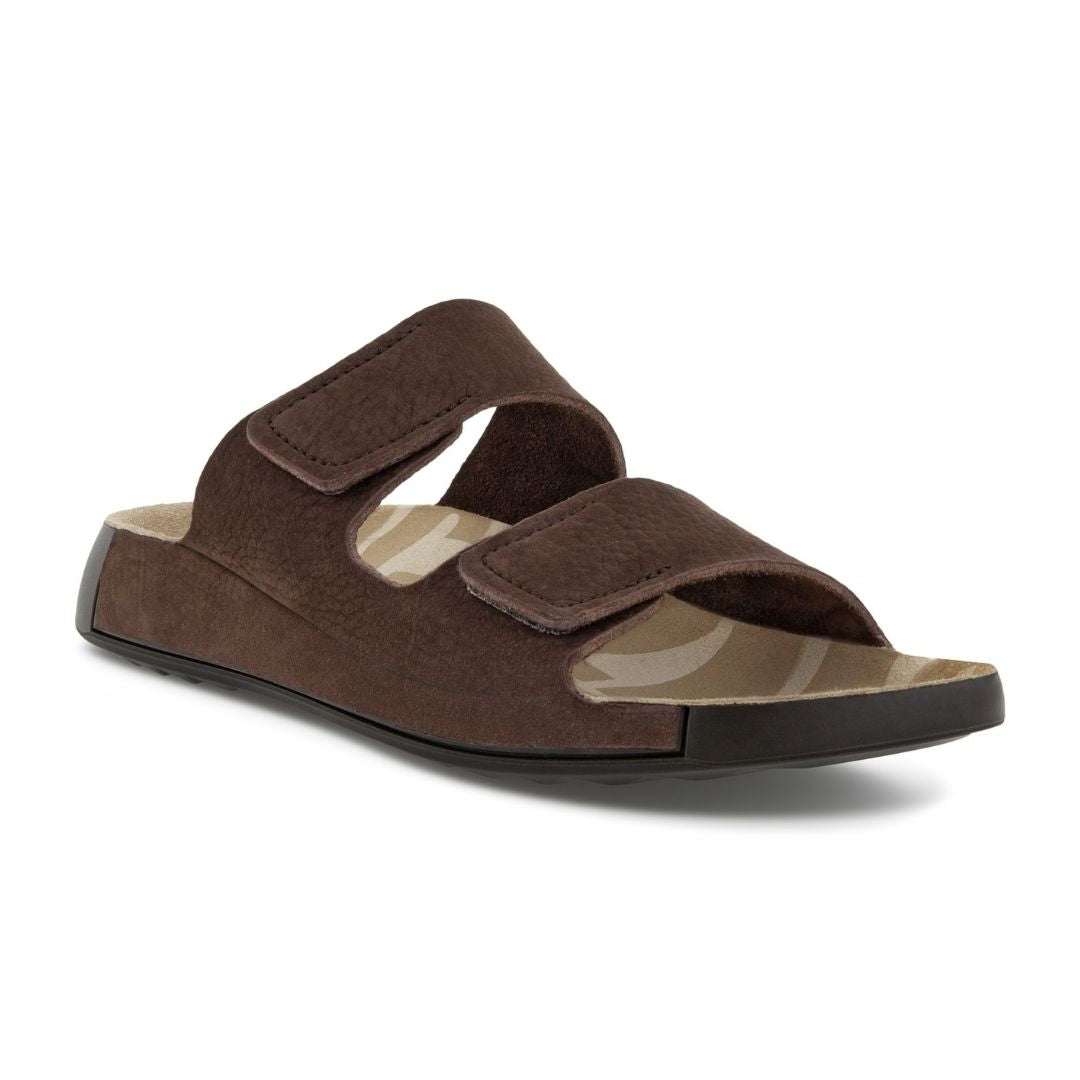 Two strap brown leather slide sandal.