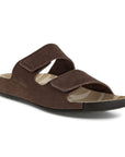 Two strap brown leather slide sandal.