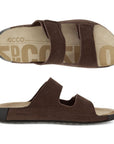 Top and side view of brown Ecco slide sandal.