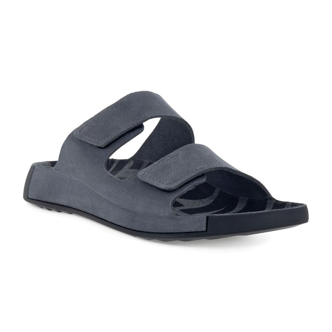 Two strap grey leather slide sandal.