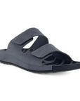 Two strap grey leather slide sandal.