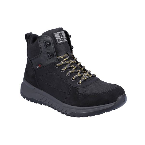 Black ankle lace up winter boot with grey and yellow laces and grey midsole