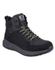 Black ankle lace up winter boot with grey and yellow laces and grey midsole