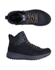 Black ankle lace up winter boot with grey and yellow laces and grey midsole