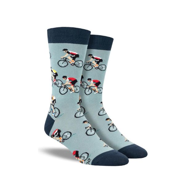 Pale blue socks with racing cyclists and dark blue cuff, toe and heel cap.