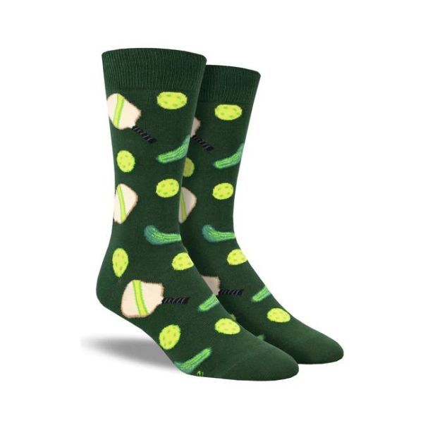 Green socks with pickles and paddles on them.