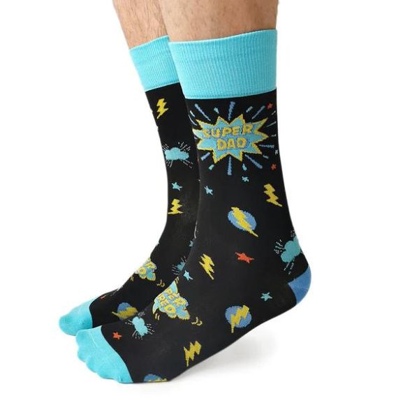 Crew socks with lighning bolts and text which says, "Super Dad."