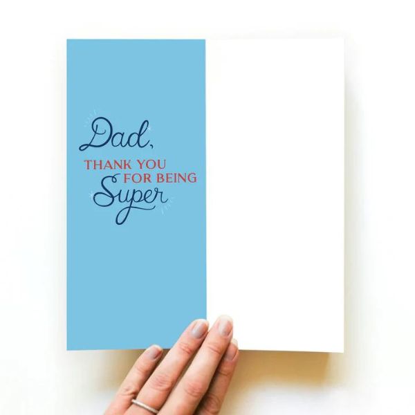 Blue card which reads, "Dad, thank you for being super!"
