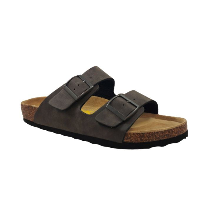 Grey two strap sandal with black buckles, brown cork midsole and black outsole.