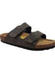 Grey two strap sandal with black buckles, brown cork midsole and black outsole.