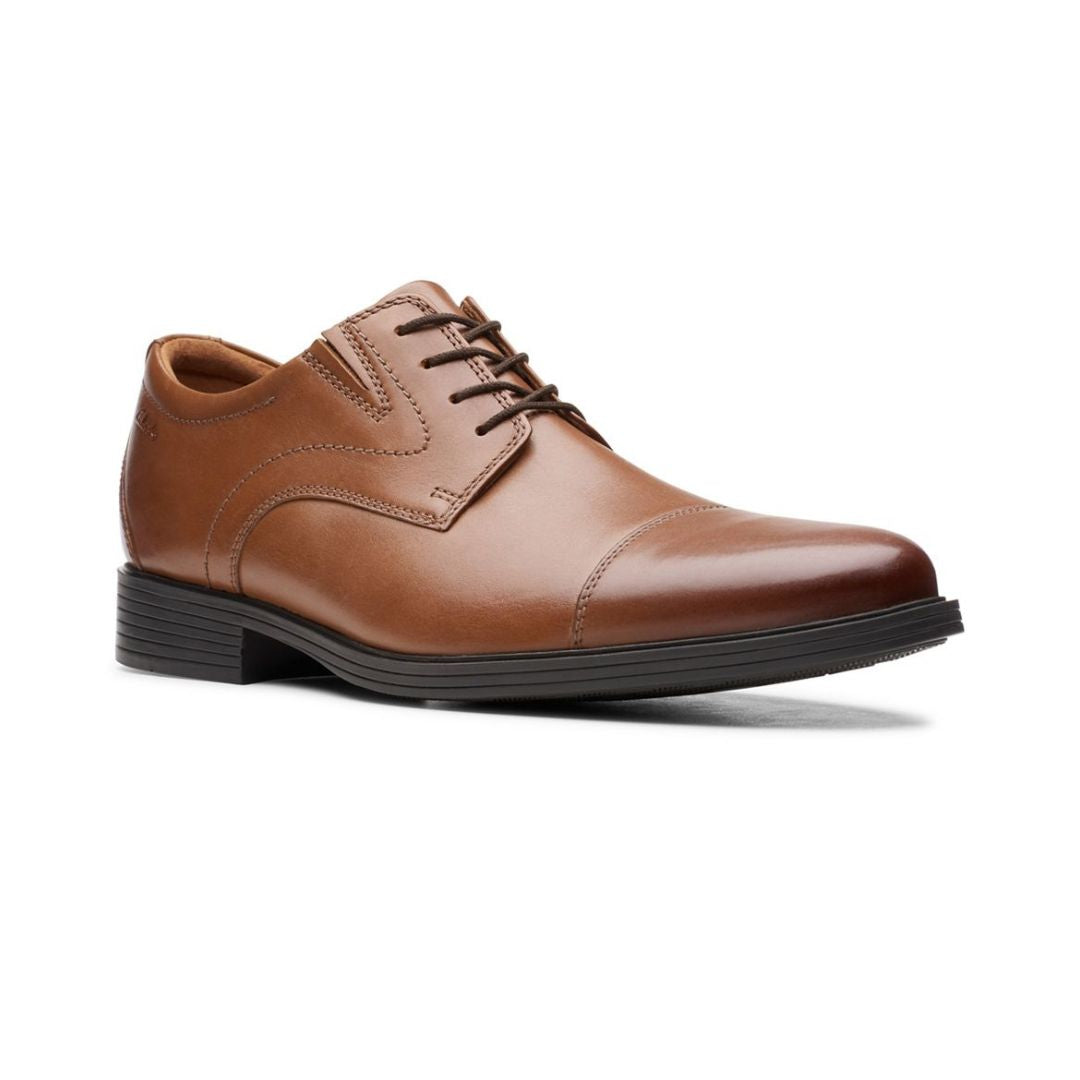 Brown leather dress shoe with laces and a toe cap. 