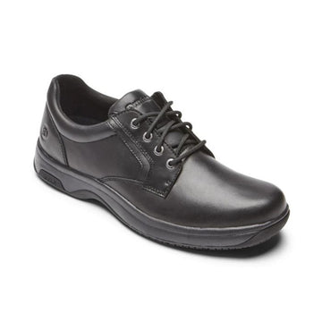 Smooth black leather lace-up shoe. Dunham logo imprinted on tongue.