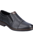 Black leather slip on shoe with toe cap.