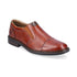 Slip-on leather dress shoe in brown with cap toe, dark brown accents and side goring. 