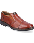 Brown leather slip-on dress shoe. Rieker logo on heel.