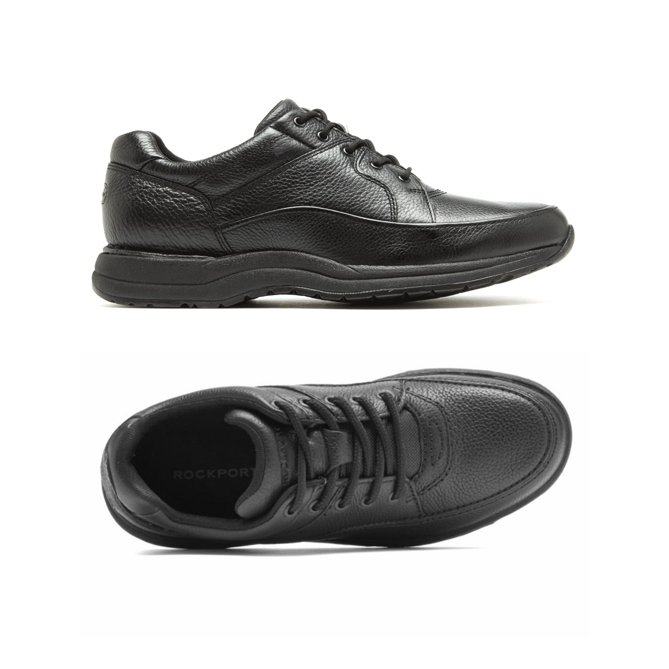 Top and side view of black leather lace up shoe. Rockport logo showing in heel.