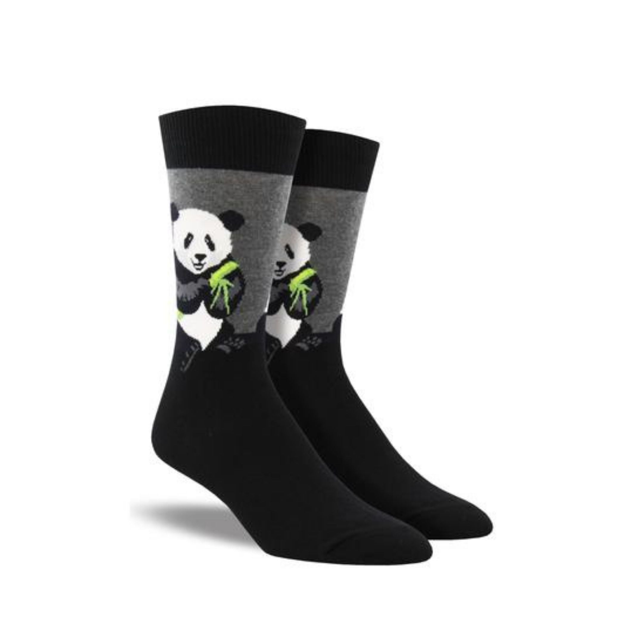 Black socks with a big panda bear eating bamboo on top part