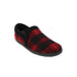 Slipper with a red and black plaid upper, black trim, and a black rubber outsole. 