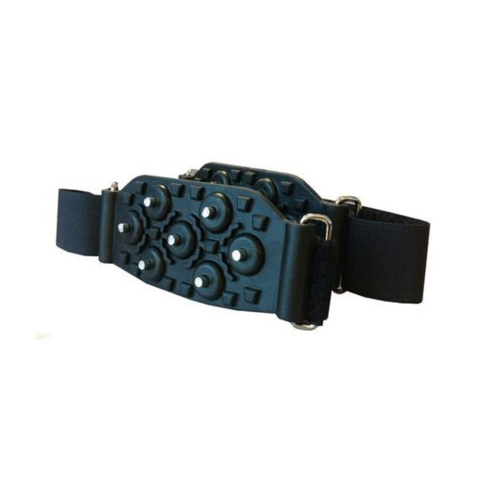 Black ice grips with metal spikes and elastic foot wraps