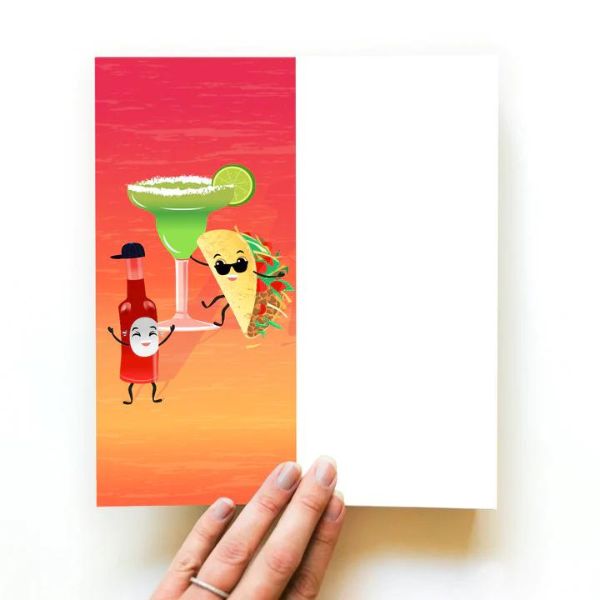 Card featuring hot sauce, taco and margarita.