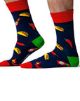 Navy crew socks with tacos, hot sauce and hot peppers.