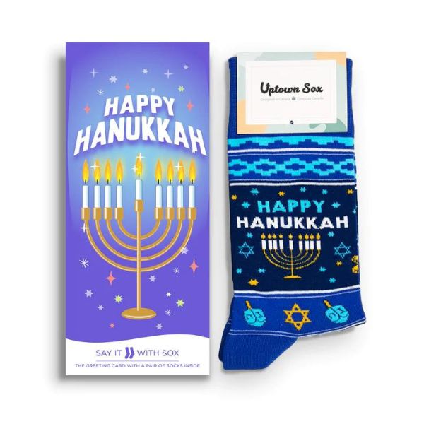 Blue Happy Hanukkah card and socks.
