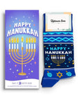 Blue Happy Hanukkah card and socks.