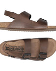 Brown leather two strap sandal with backstrap and buckle closures.