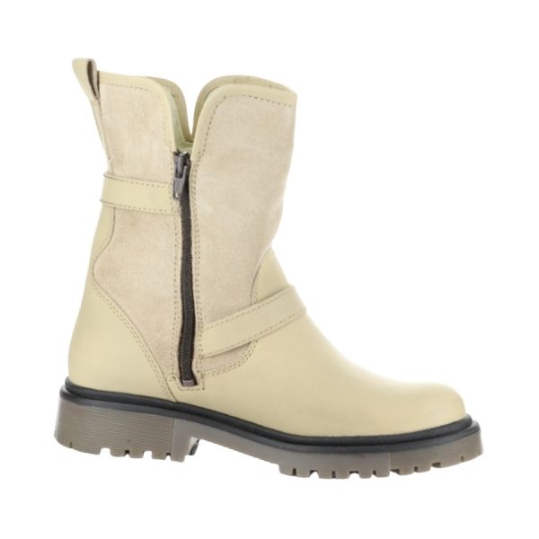 Inside view of off-white ankle-height winter boot with zipper closure and brown outsole.