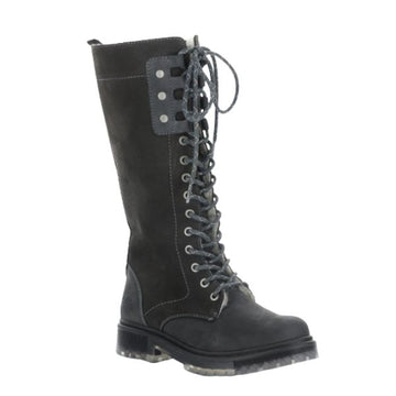 Tall grey suede lace up boot. Has translucent outsole.