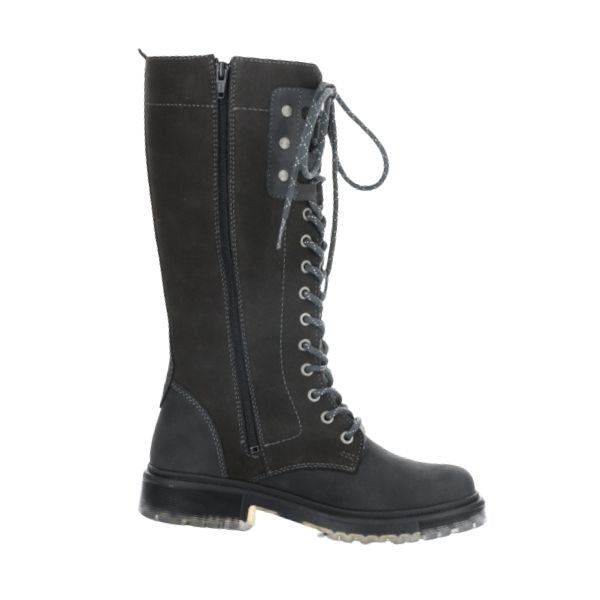 Tall grey suede lace up boot. with inside zipper Has translucent outsole.