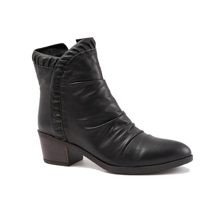 Black leather ankle boot with ruching details. Boot has a pointed toe and block heel.
