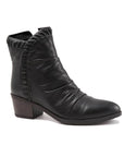 Black leather ankle boot with ruching details. Boot has a pointed toe and block heel.