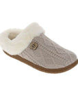 Cream cable knit slipper with white faux fur cuff, floral button detail and brown crepe rubber outsole. 