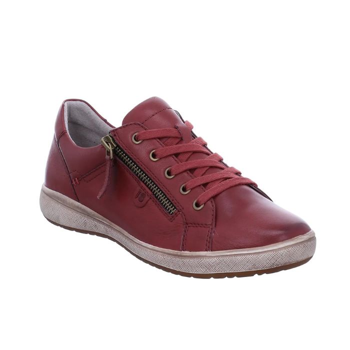 Caren 12 Sneaker in Bordo. Red leather upper with red laces, a side zipper, and bronze hardware. Midsole is grey, outsole is brown. 