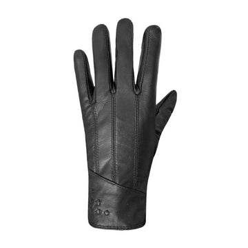 Black leather women's glove with stitching details on cuff.