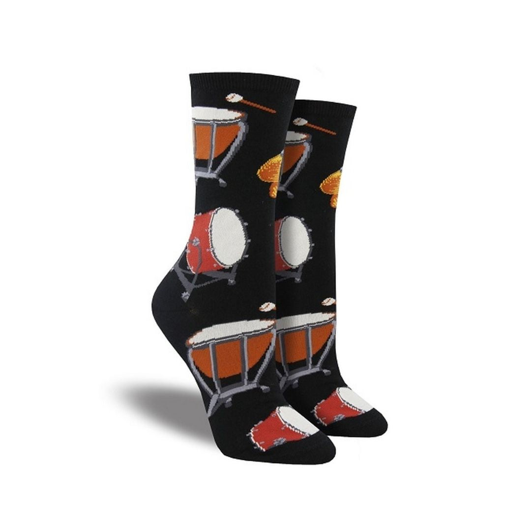 Socksmith Women's Percussion Drum Sock featuring colorful timpani and snare drum graphics on black crew socks. Ideal for music enthusiasts and drummers.