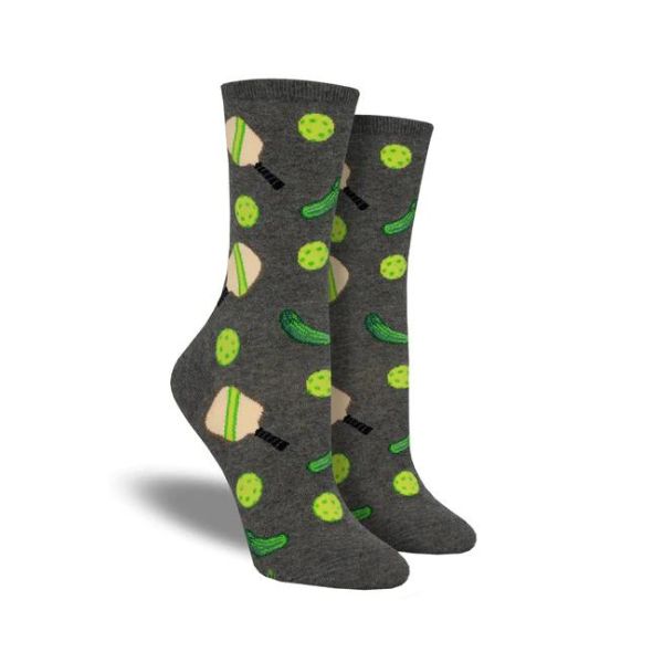 Socksmith Women's Pickleball Cotton Crew Socks featuring green paddles, balls, and pickles on dark grey fabric. Fun gift for pickleball lovers.